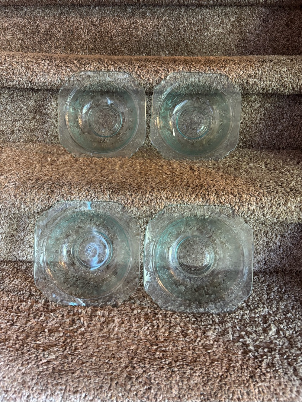 Set of 4 Clear Pressed Glass Bowls with Floral Etch